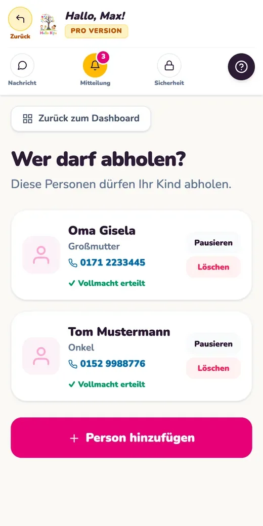 Abholberechtigte. Beispielansicht mit Testdaten
