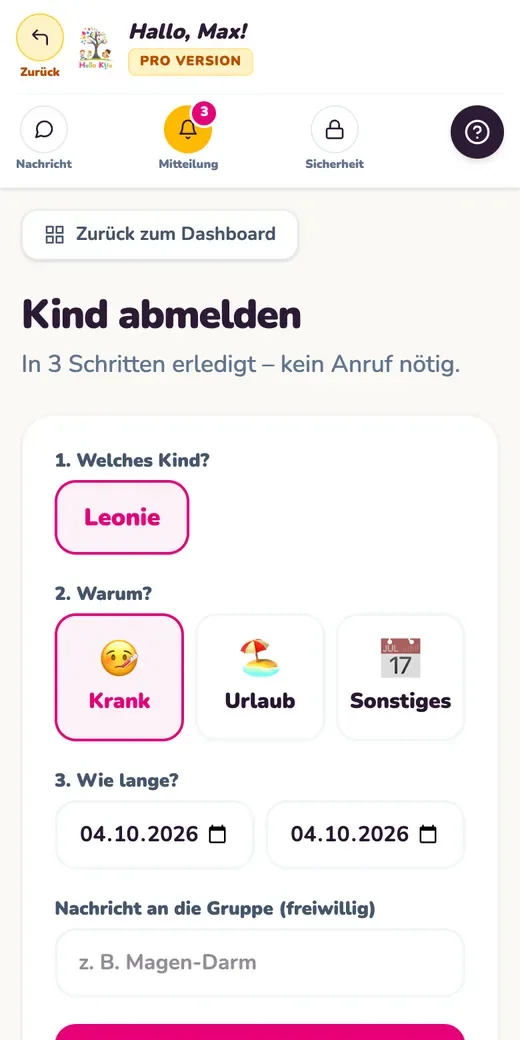 Kind abmelden. Beispielansicht mit Testdaten