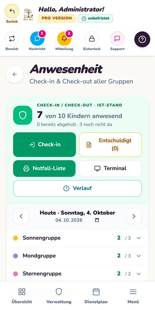 Check in und Check out. Beispielansicht mit Testdaten