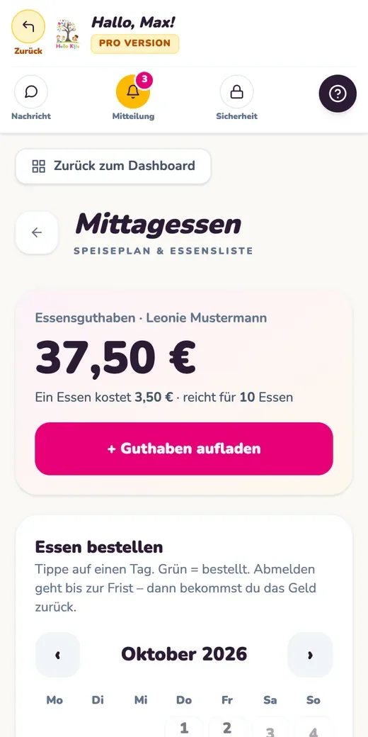 Mittagessen und Guthaben. Beispielansicht mit Testdaten