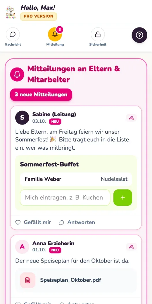 Mitteilungen an Eltern und Team. Original Ausschnitt aus Hello Kita mit Testdaten
