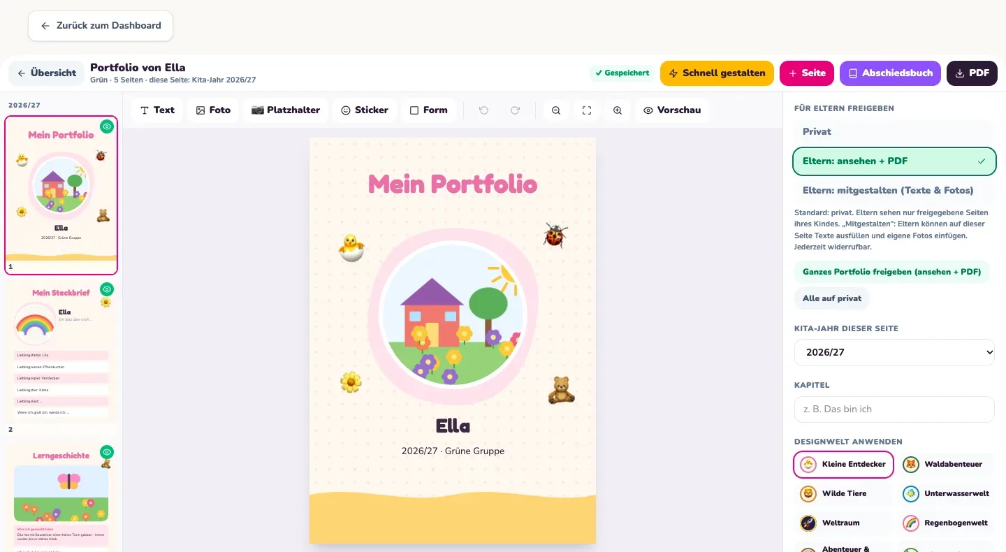 Portfolio Studio am Computer, Mappe für das Beispielkind Ella. Beispielansicht mit Testdaten