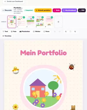 Portfolio auf dem Tablet. Seitenübersicht einer Mappe, Beispielkind Ella
