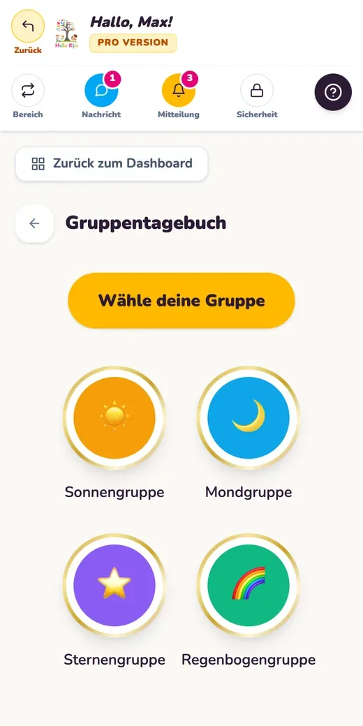 Gruppentagebuch. Beispielansicht mit Testdaten